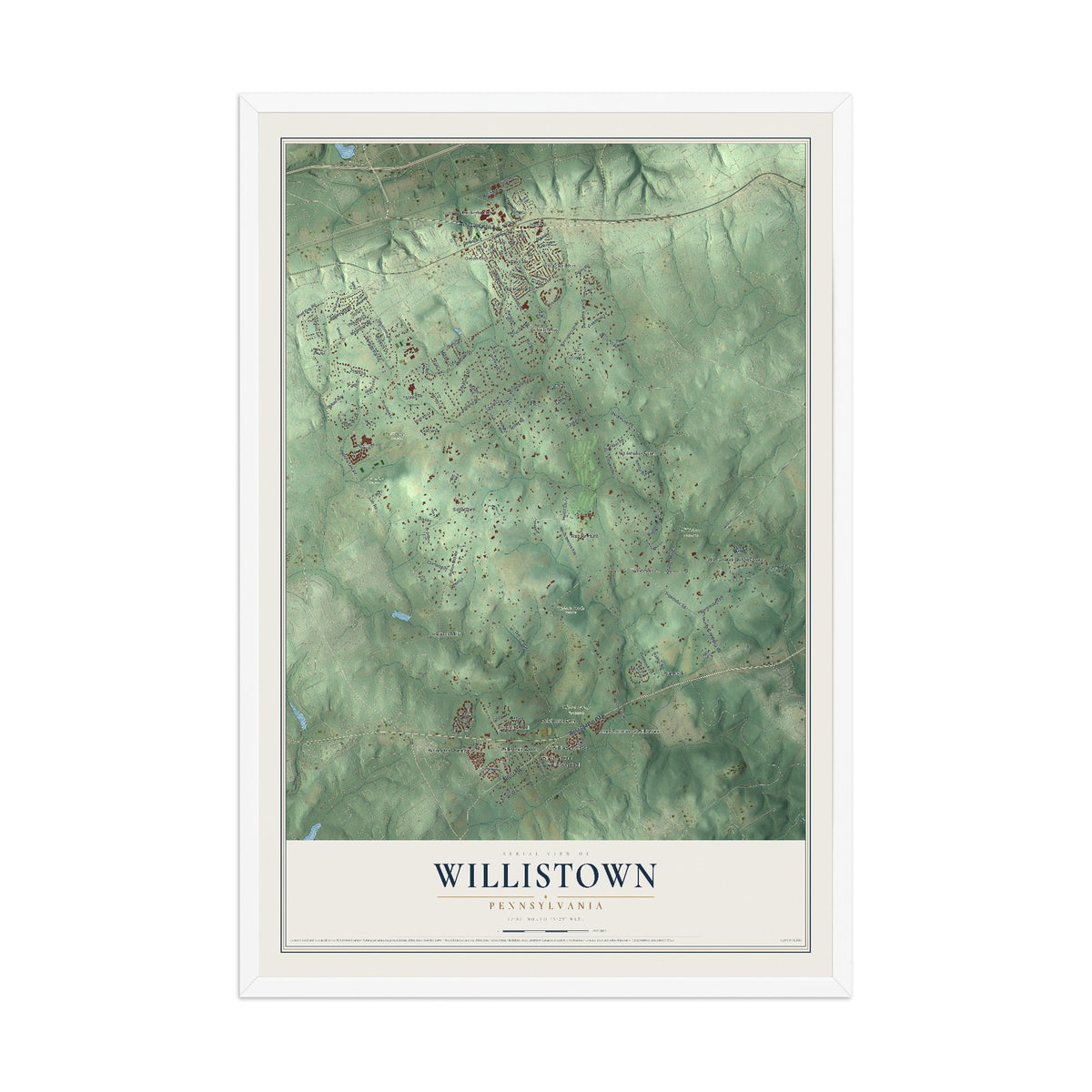 Map of Willistown, Pennsylvania, 12 x 18 inch print in a white wood frame