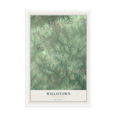 Map of Willistown, Pennsylvania, 12 x 18 inch print in a white wood frame