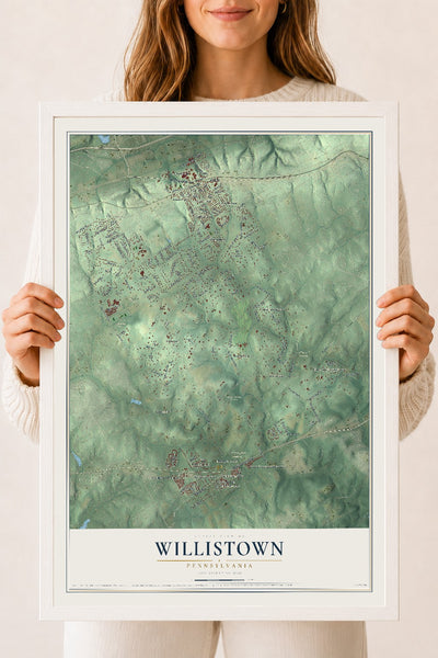 Map of Willistown, Pennsylvania, 18 x 24 inch print in a white wood frame
