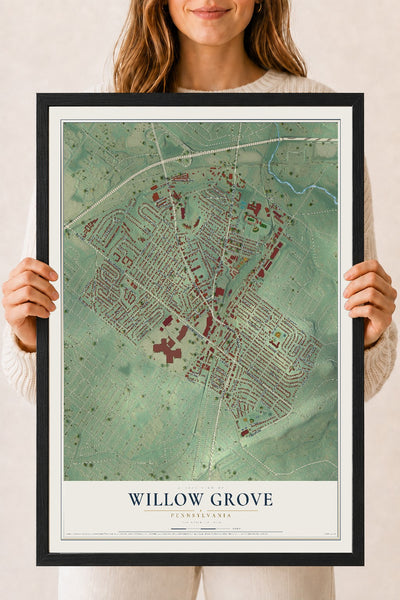 Map of Willow Grove, Pennsylvania, 18 x 24 inch print in a black wood frame