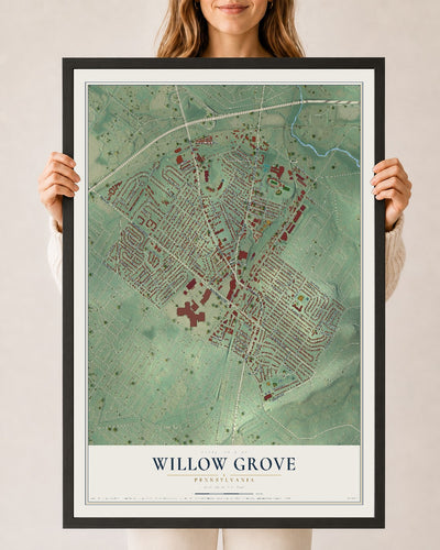 Map of Willow Grove, Pennsylvania, 24 x 36 inch print in a black wood frame