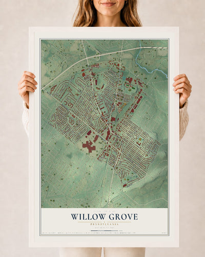 Map of Willow Grove, Pennsylvania, 24 x 36 inch print in a white wood frame