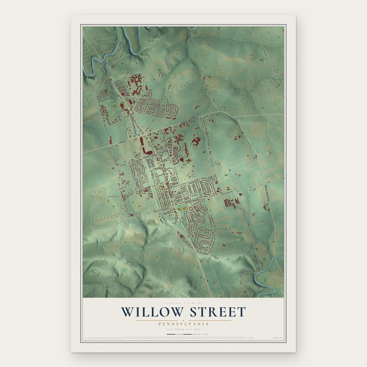 Willow Street, Pennsylvania map print, the full design