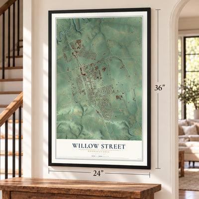 Willow Street, Pennsylvania map, 24 x 36 inch print in a black frame by a staircase