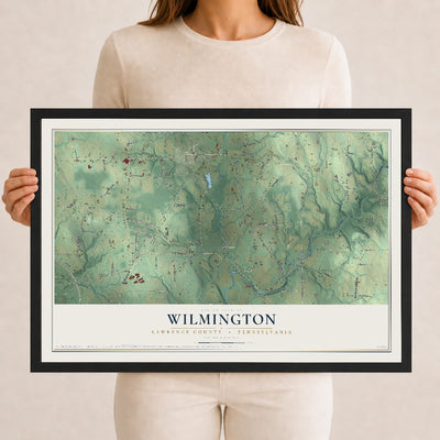 Map of Wilmington, Lawrence County, Pennsylvania, 12 x 18 inch print in a black wood frame