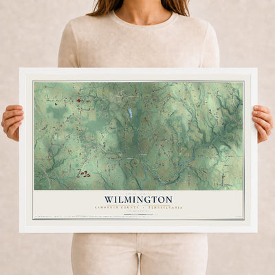 Map of Wilmington, Lawrence County, Pennsylvania, 12 x 18 inch print in a white wood frame