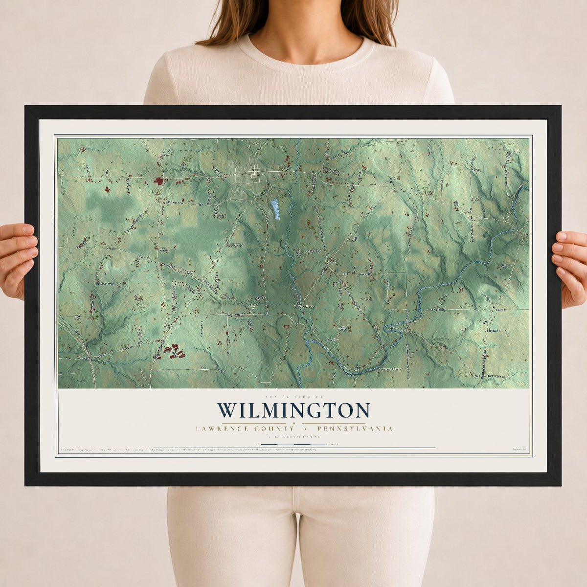 Map of Wilmington, Lawrence County, Pennsylvania, 18 x 24 inch print in a black wood frame