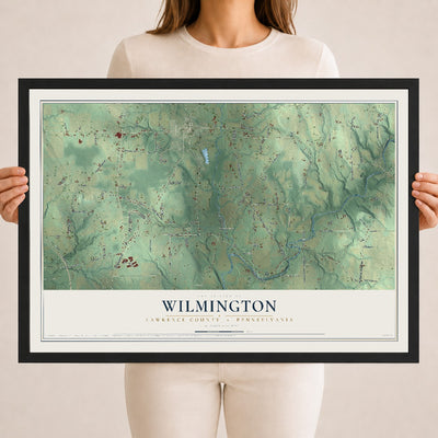 Map of Wilmington, Lawrence County, Pennsylvania, 18 x 24 inch print in a black wood frame