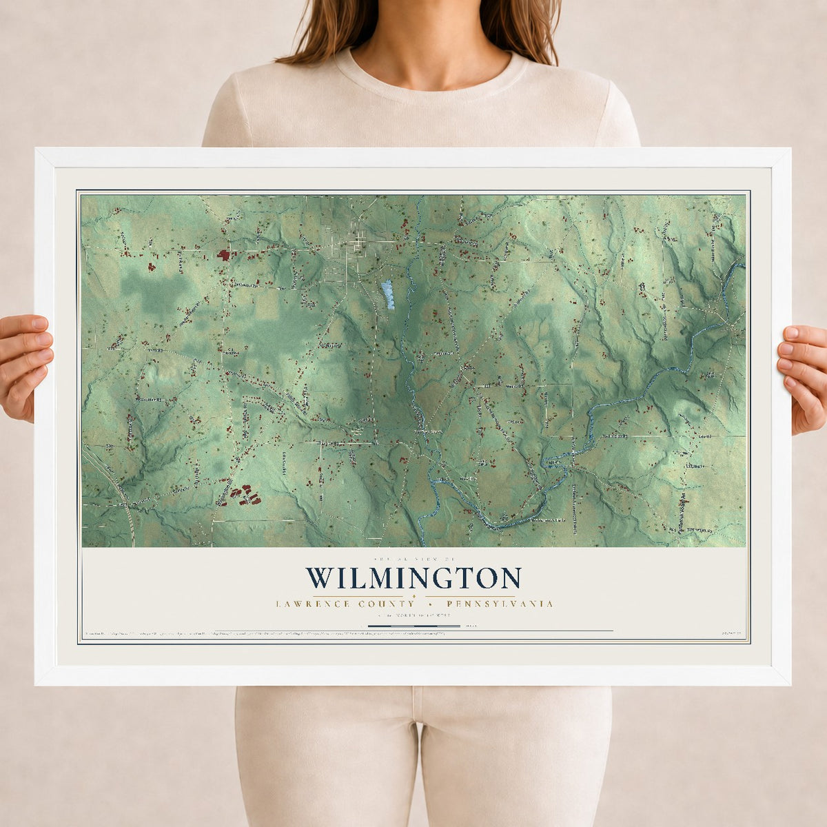 Map of Wilmington, Lawrence County, Pennsylvania, 18 x 24 inch print in a white wood frame