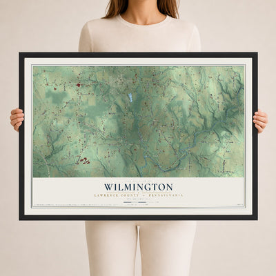 Map of Wilmington, Lawrence County, Pennsylvania, 24 x 36 inch print in a black wood frame