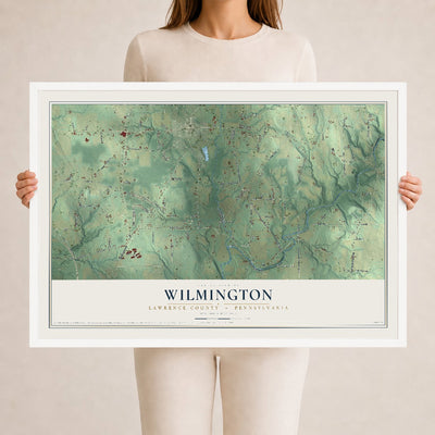 Map of Wilmington, Lawrence County, Pennsylvania, 24 x 36 inch print in a white wood frame