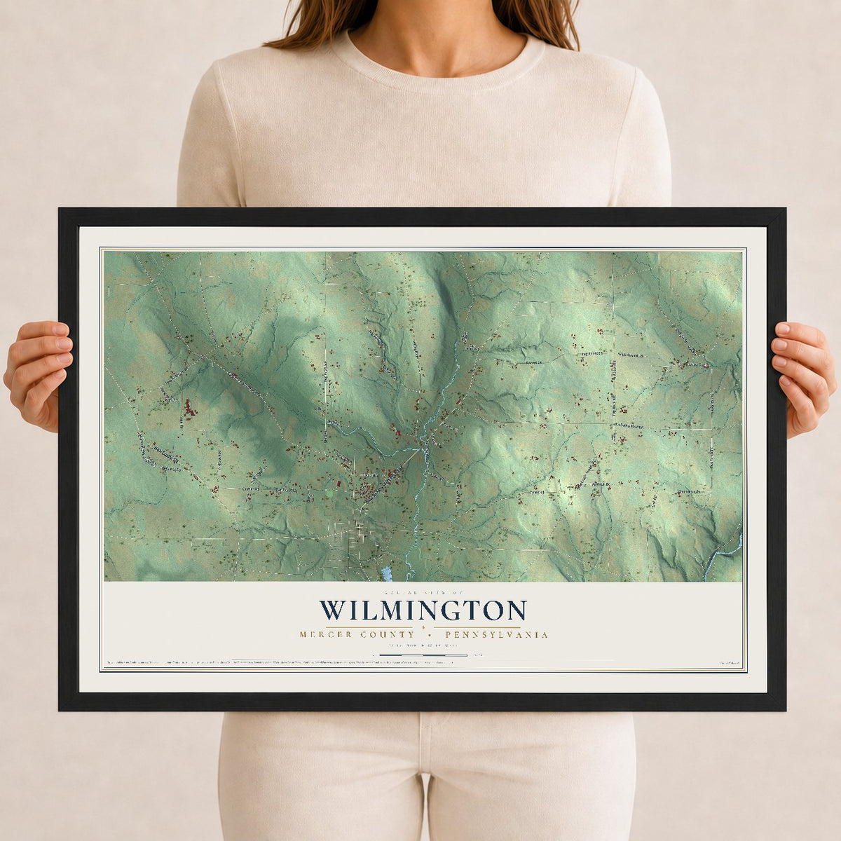 Map of Wilmington, Mercer County, Pennsylvania, 12 x 18 inch print in a black wood frame