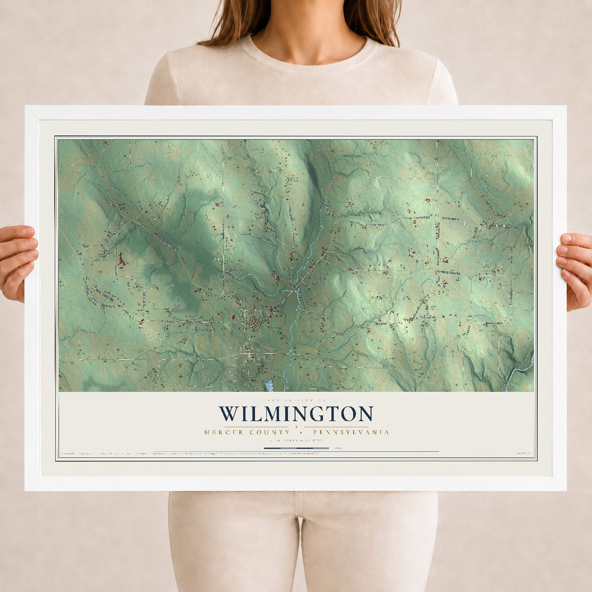 Map of Wilmington, Mercer County, Pennsylvania, 18 x 24 inch print in a white wood frame