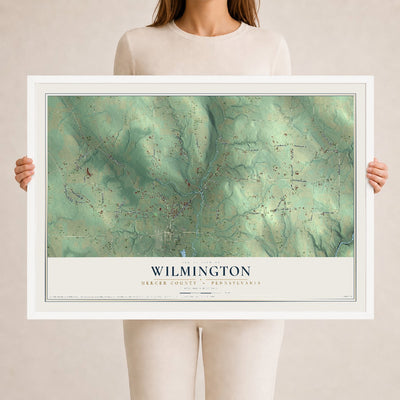 Map of Wilmington, Mercer County, Pennsylvania, 24 x 36 inch print in a white wood frame