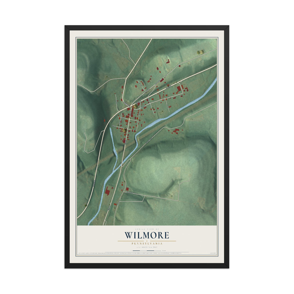 Map of Wilmore, Pennsylvania, 12 x 18 inch print in a black wood frame