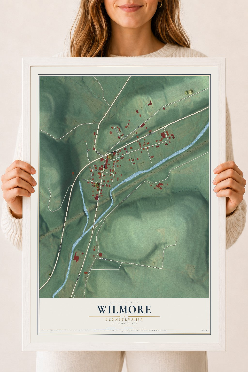 Map of Wilmore, Pennsylvania, 18 x 24 inch print in a white wood frame