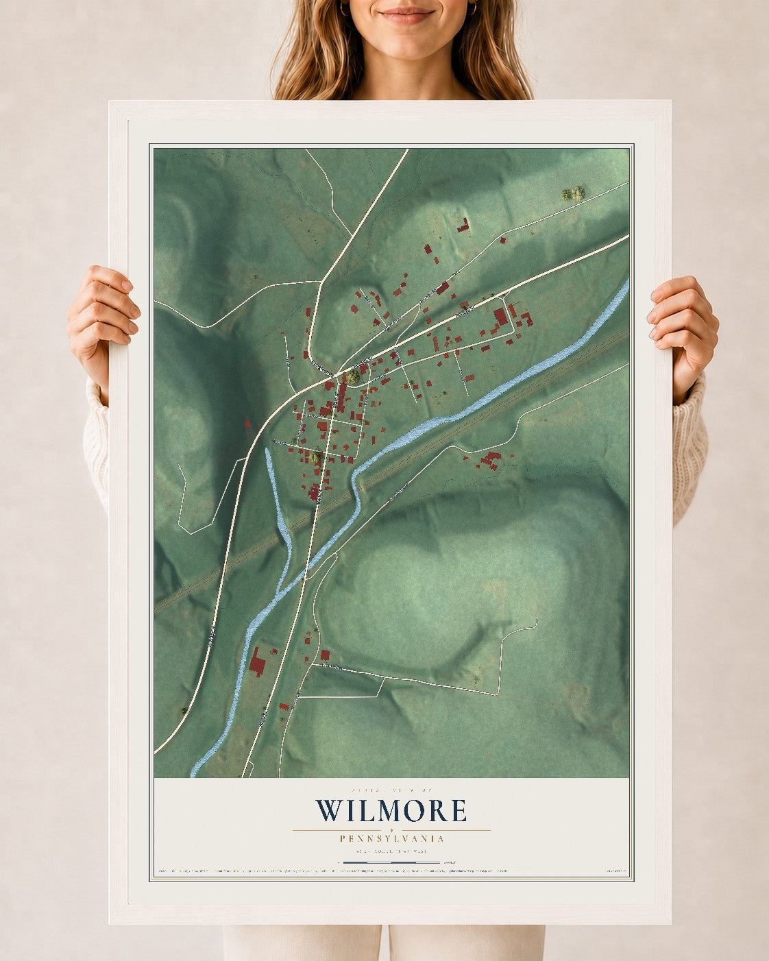 Map of Wilmore, Pennsylvania, 24 x 36 inch print in a white wood frame