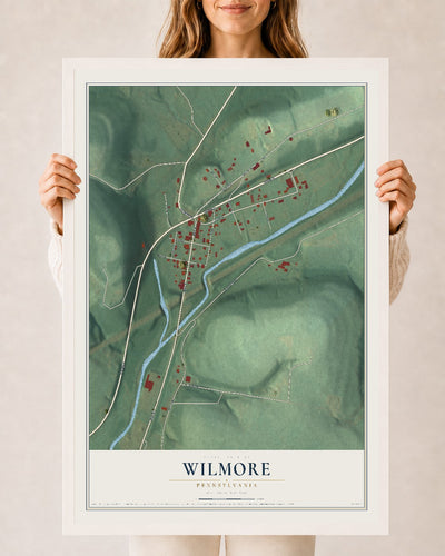 Map of Wilmore, Pennsylvania, 24 x 36 inch print in a white wood frame