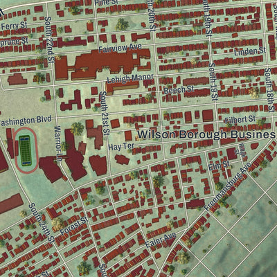 Close-up of the map of Wilson, Pennsylvania print showing street and building detail