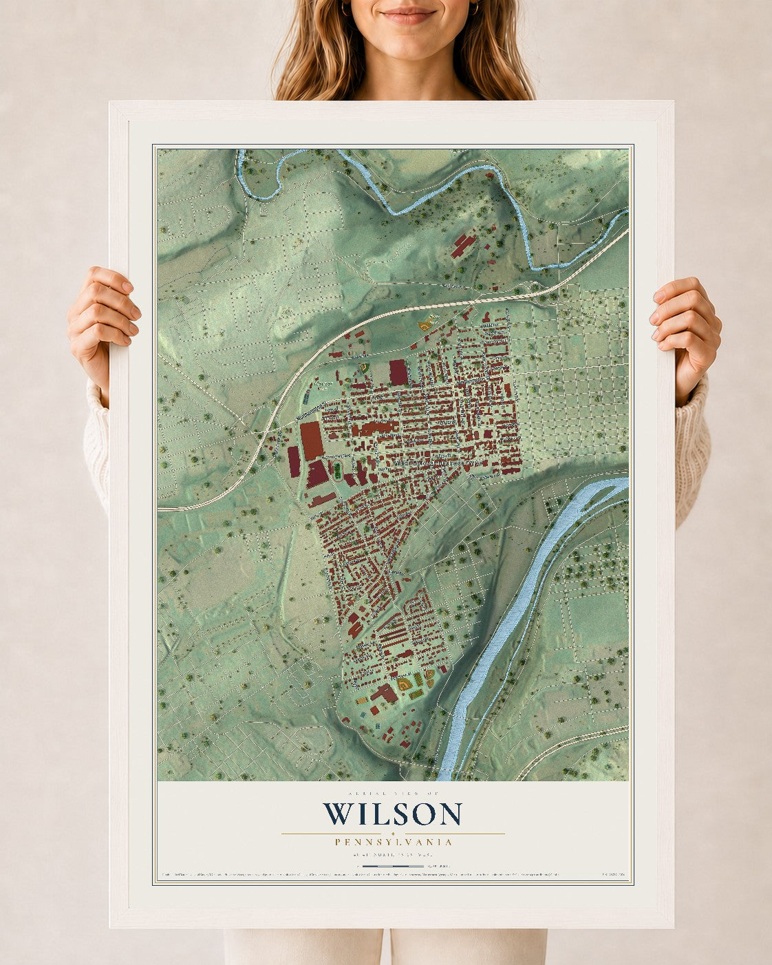 Map of Wilson, Pennsylvania, 24 x 36 inch print in a white wood frame
