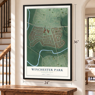 Winchester Park, Pennsylvania map, 24 x 36 inch print in a black frame by a staircase