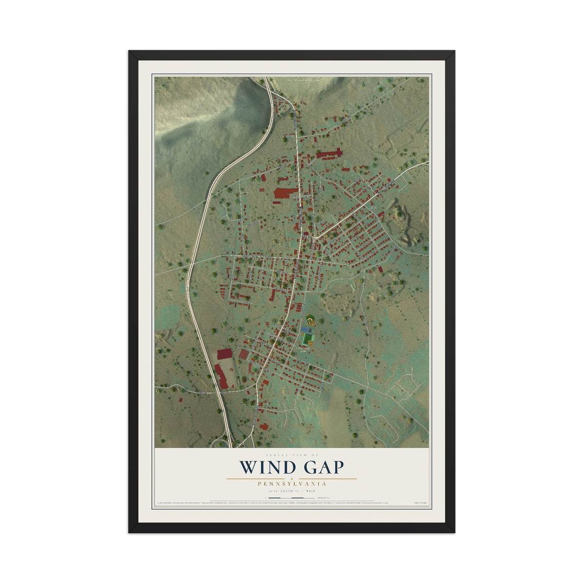 Map of Wind Gap, Pennsylvania, 12 x 18 inch print in a black wood frame