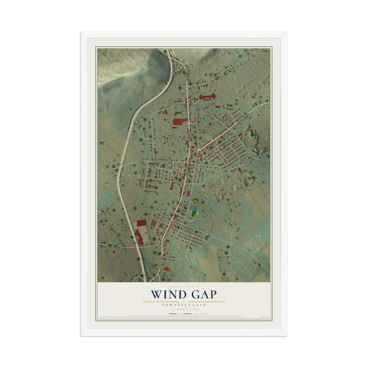 Map of Wind Gap, Pennsylvania, 12 x 18 inch print in a white wood frame