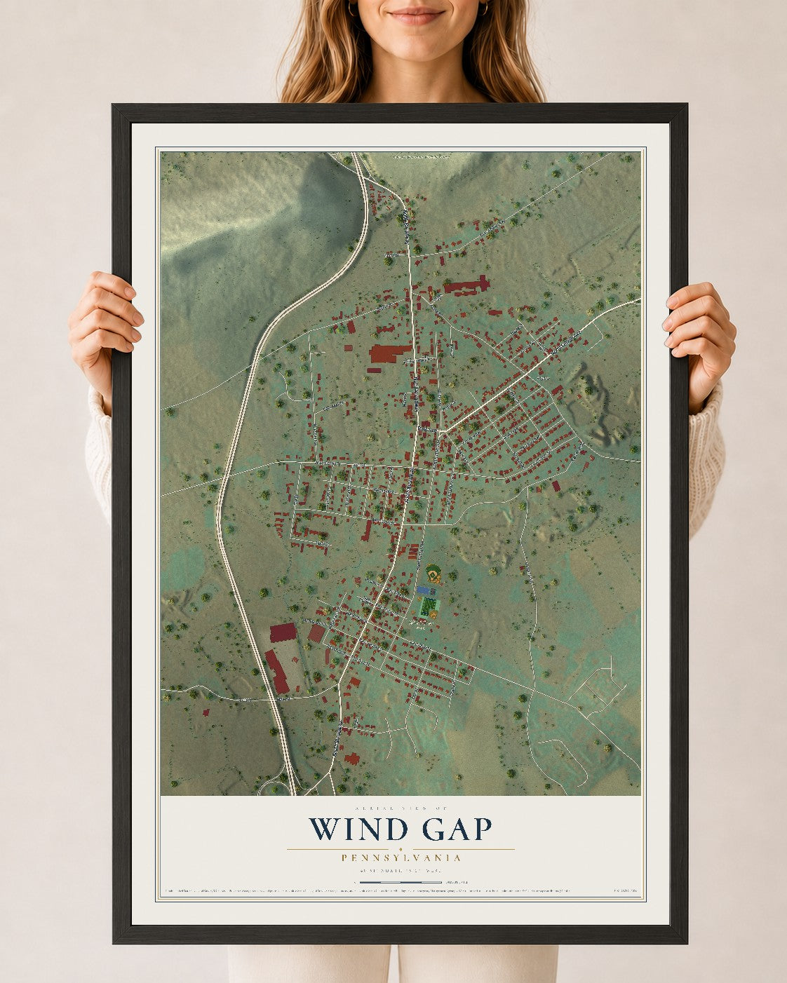 Map of Wind Gap, Pennsylvania, 24 x 36 inch print in a black wood frame