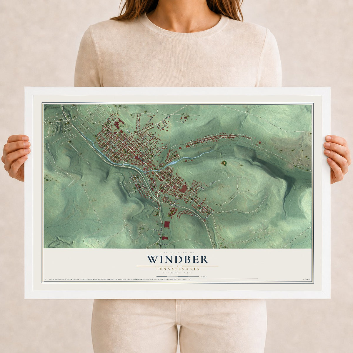 Map of Windber, Pennsylvania, 12 x 18 inch print in a white wood frame