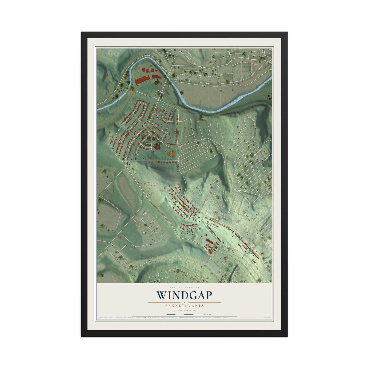 Map of Windgap, Pennsylvania, 12 x 18 inch print in a black wood frame