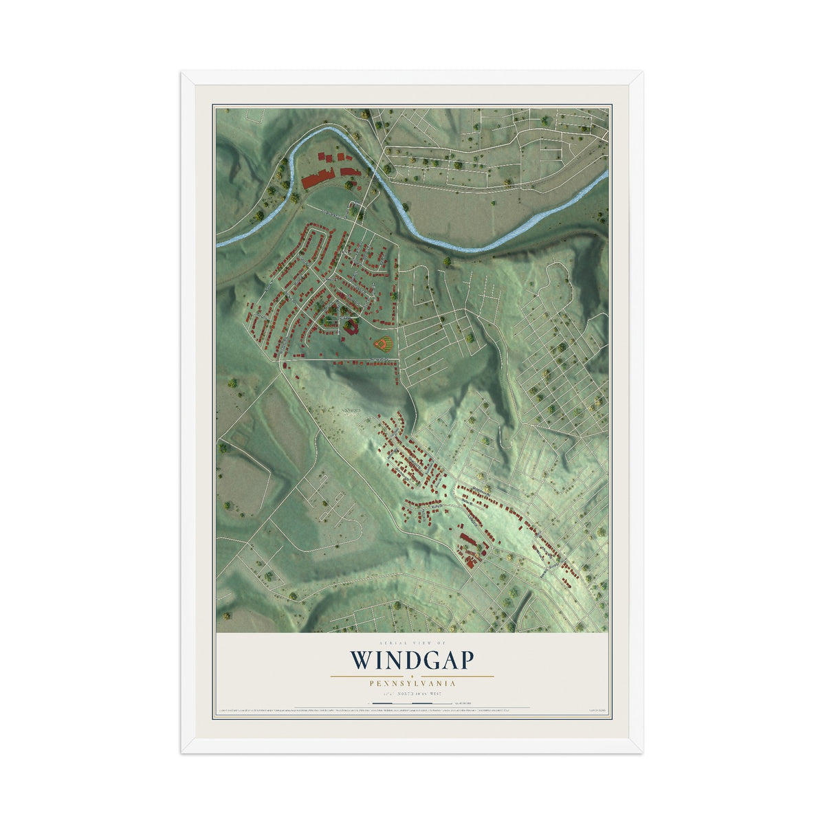 Map of Windgap, Pennsylvania, 12 x 18 inch print in a white wood frame