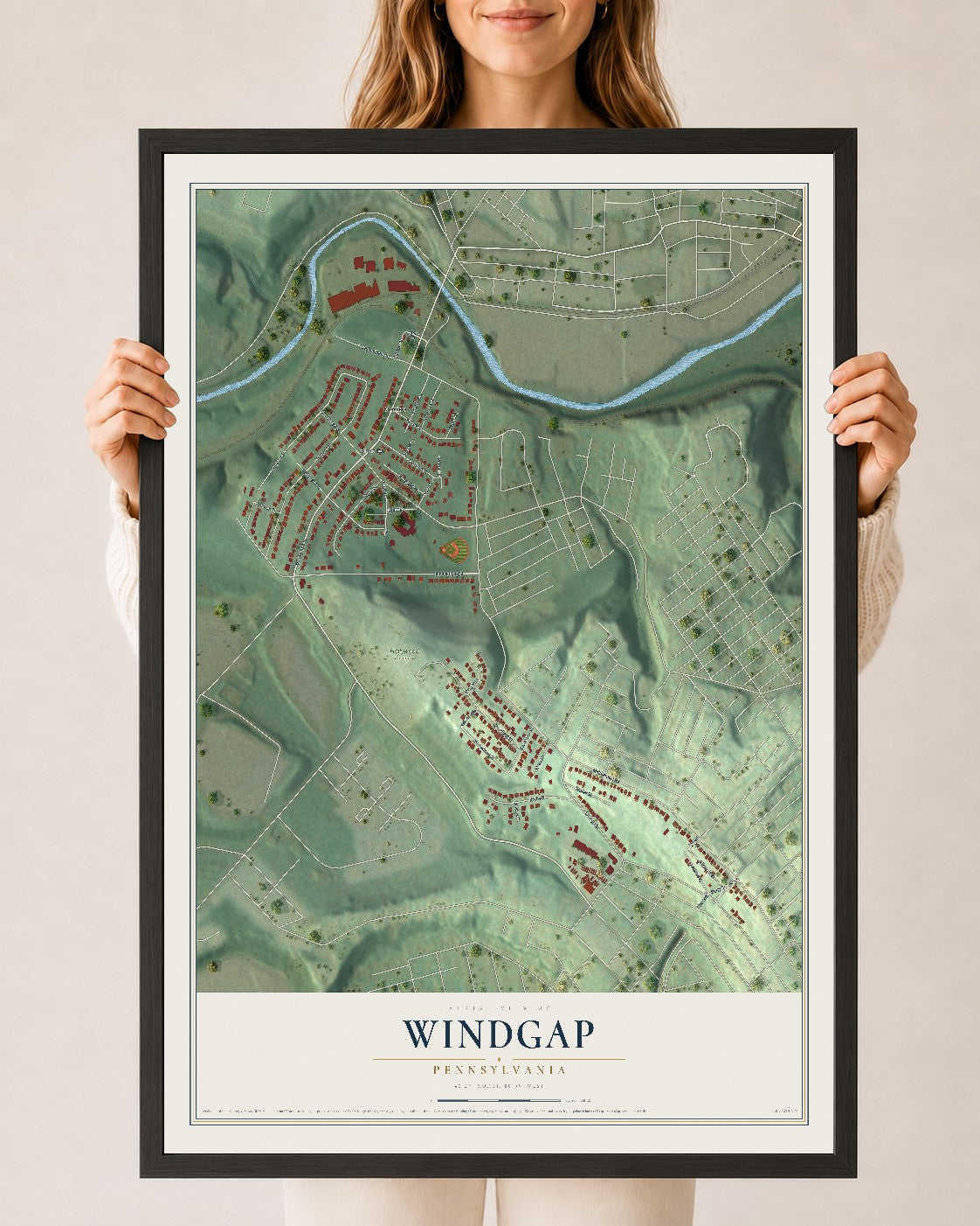 Map of Windgap, Pennsylvania, 24 x 36 inch print in a black wood frame