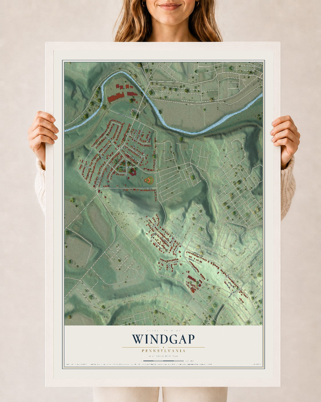 Map of Windgap, Pennsylvania, 24 x 36 inch print in a white wood frame