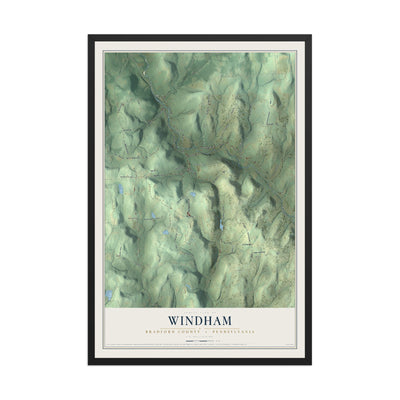 Map of Windham, Bradford County, Pennsylvania, 12 x 18 inch print in a black wood frame