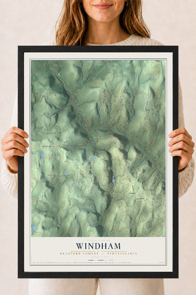 Map of Windham, Bradford County, Pennsylvania, 18 x 24 inch print in a black wood frame