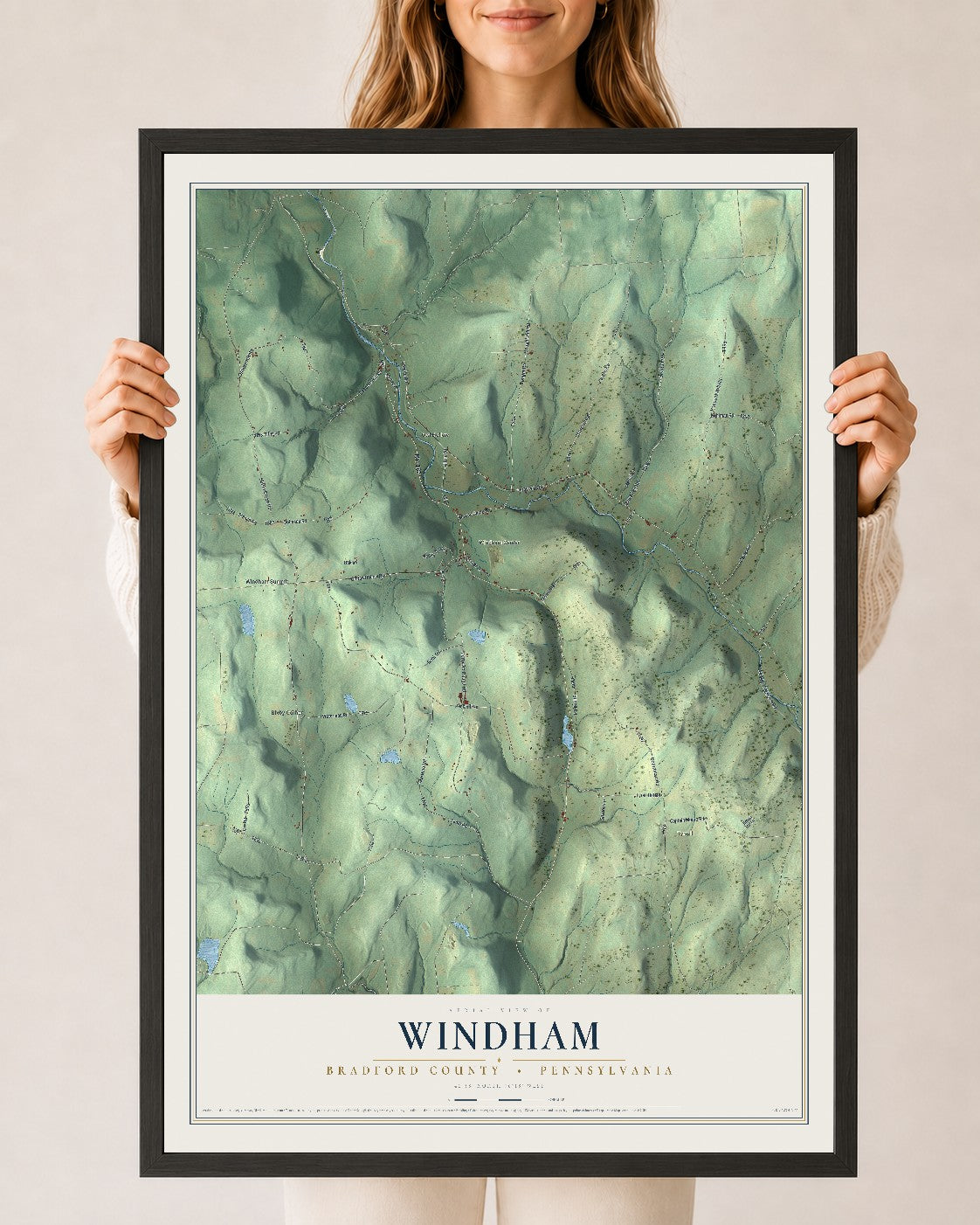 Map of Windham, Bradford County, Pennsylvania, 24 x 36 inch print in a black wood frame