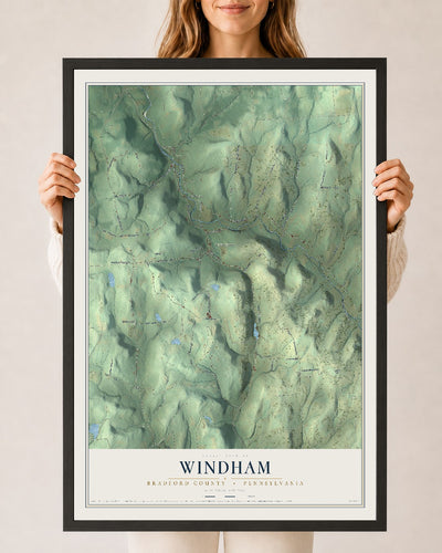 Map of Windham, Bradford County, Pennsylvania, 24 x 36 inch print in a black wood frame