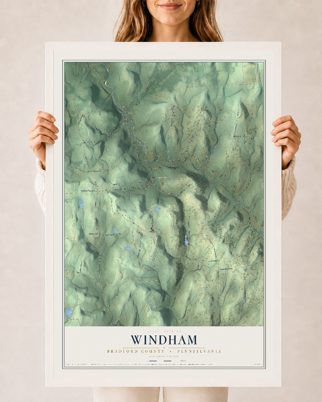 Map of Windham, Bradford County, Pennsylvania, 24 x 36 inch print in a white wood frame