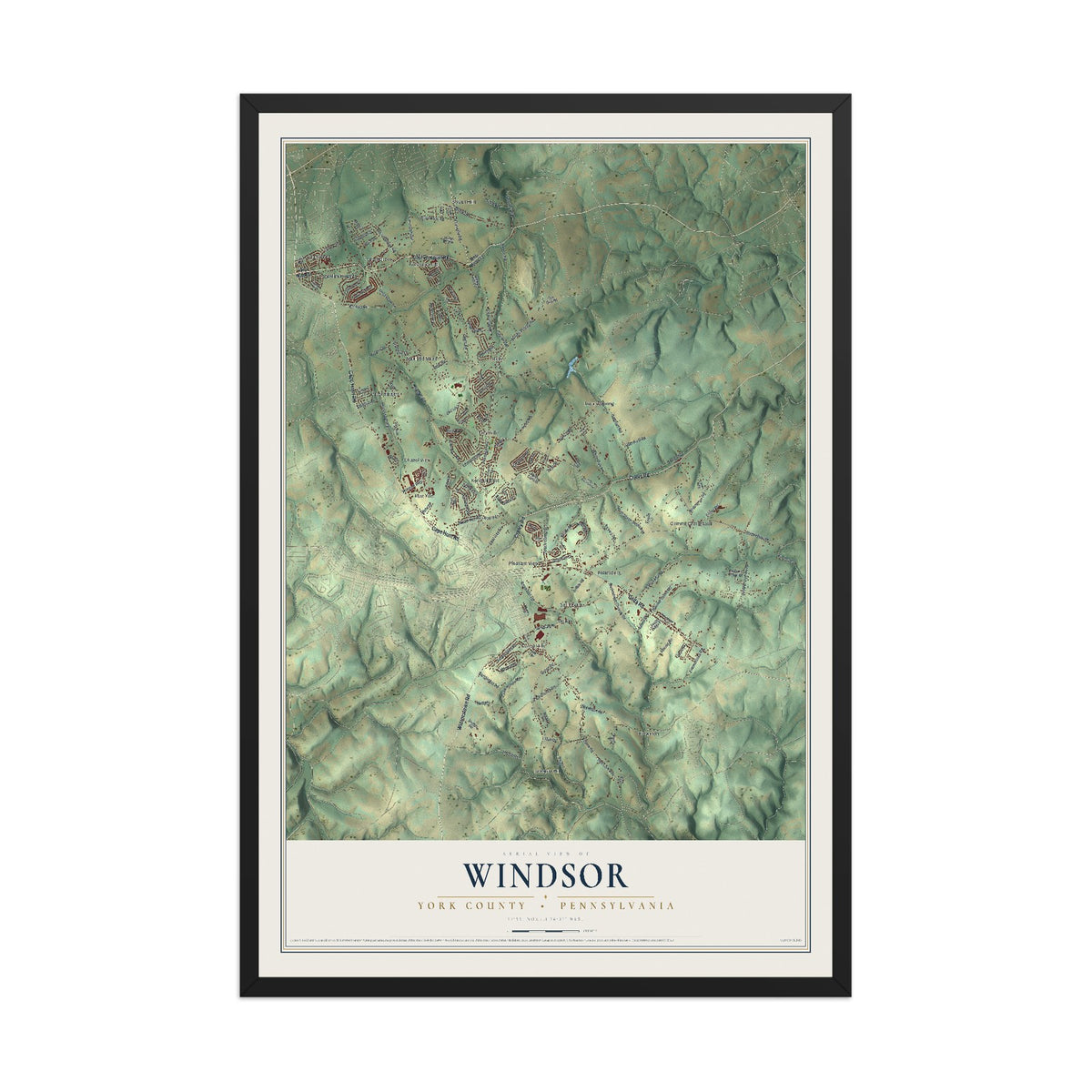 Map of Windsor, York County, Pennsylvania, 12 x 18 inch print in a black wood frame