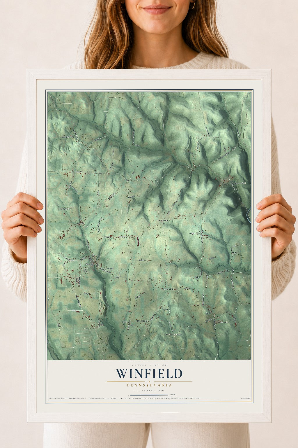 Map of Winfield, Pennsylvania, 18 x 24 inch print in a white wood frame