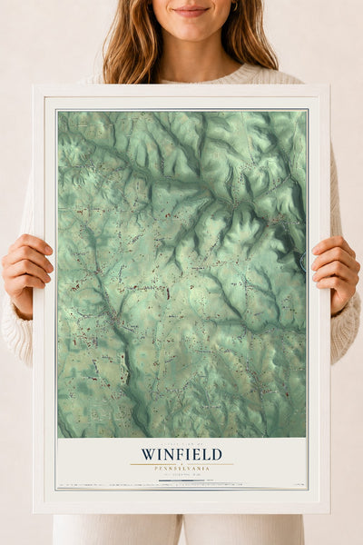 Map of Winfield, Pennsylvania, 18 x 24 inch print in a white wood frame