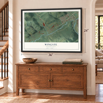 Wingate, Pennsylvania map, 24 x 36 inch print in a black frame above a dresser by a staircase