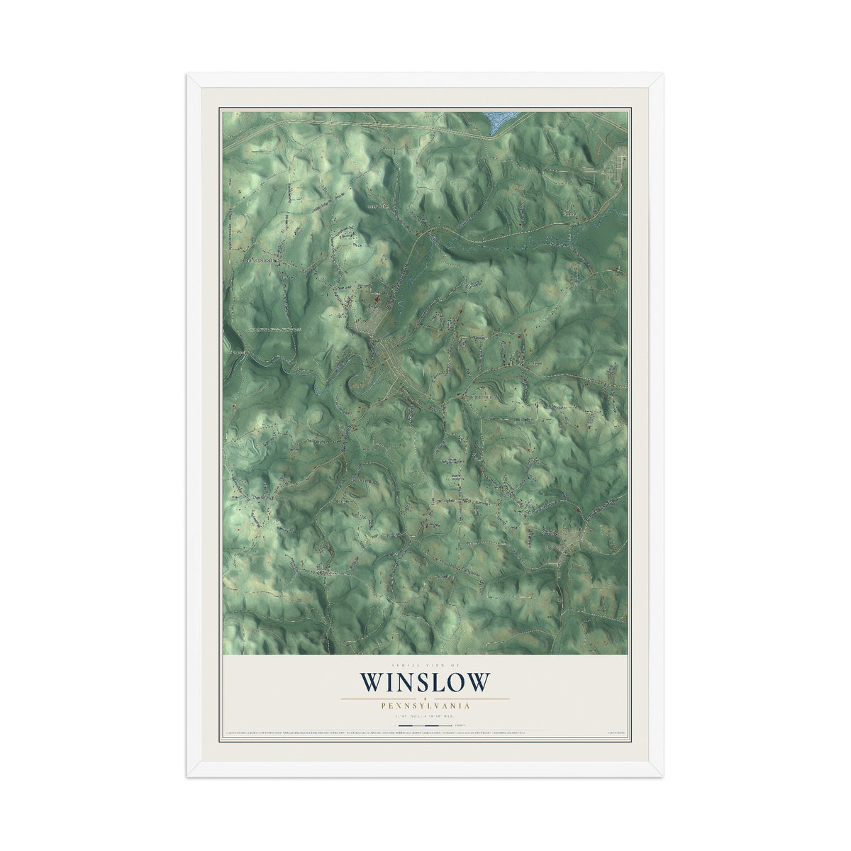 Map of Winslow, Pennsylvania, 12 x 18 inch print in a white wood frame