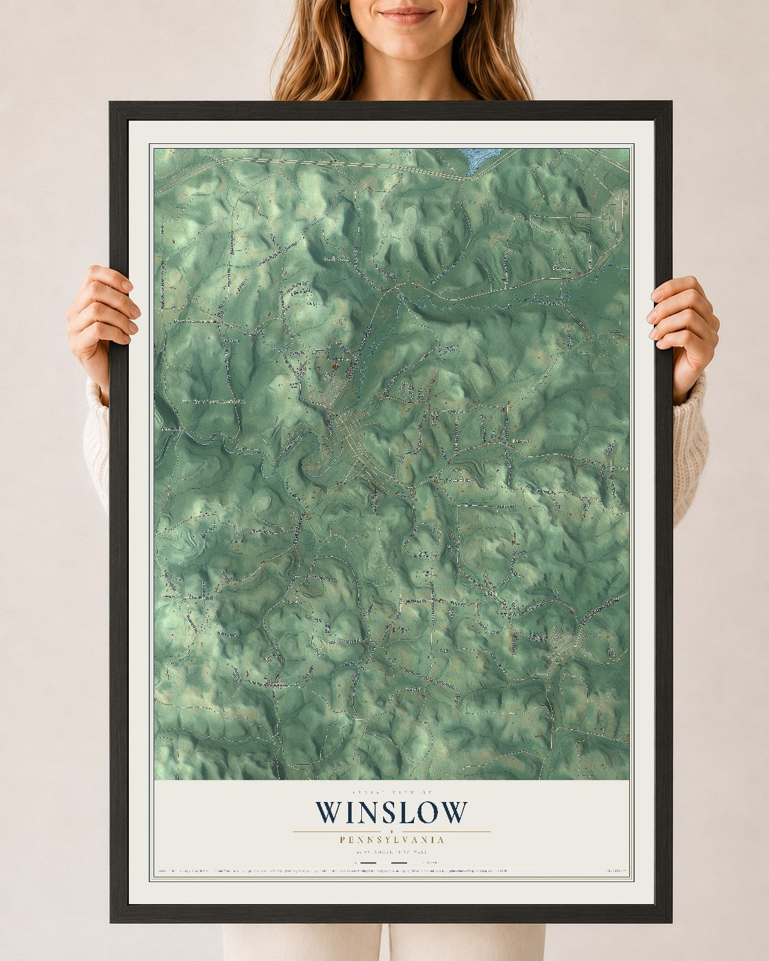 Map of Winslow, Pennsylvania, 24 x 36 inch print in a black wood frame