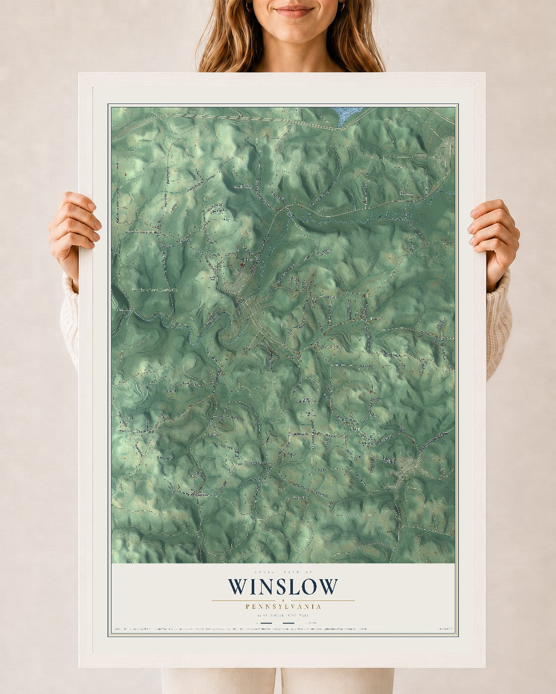 Map of Winslow, Pennsylvania, 24 x 36 inch print in a white wood frame