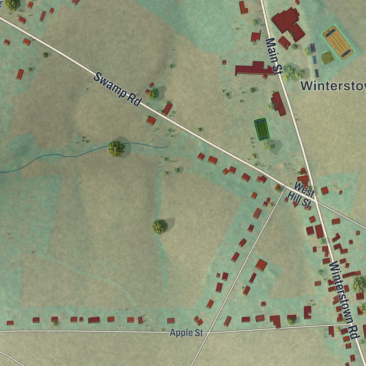 Close-up of the map of Winterstown, Pennsylvania print showing street and building detail