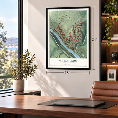 Wissahickon, Pennsylvania map, 18 x 24 inch print in a black frame in a home office