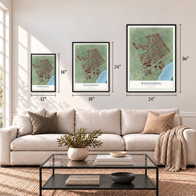 Wissinoming, Pennsylvania map in 12 x 18, 18 x 24 and 24 x 36 inch sizes above a sofa