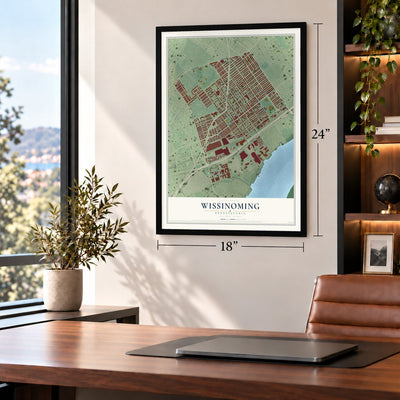 Wissinoming, Pennsylvania map, 18 x 24 inch print in a black frame in a home office