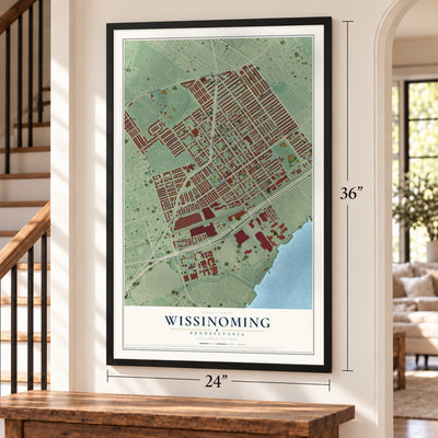 Wissinoming, Pennsylvania map, 24 x 36 inch print in a black frame by a staircase